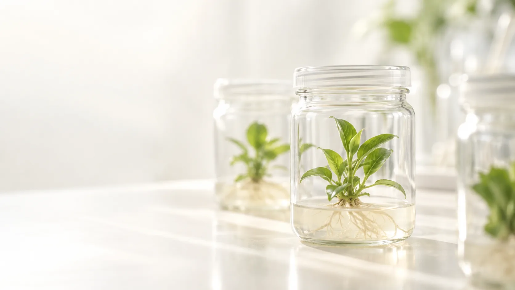 Planta joven en cultivo in vitro dentro de un frasco de vidrio